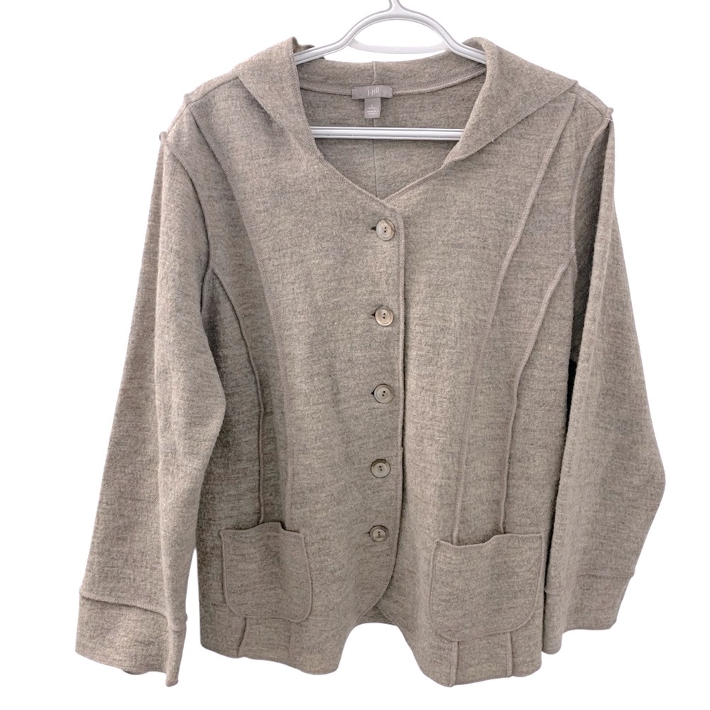 J. Jill 100% Wool Wheat Colored Hooded Button Front W/Pockets Size: Large